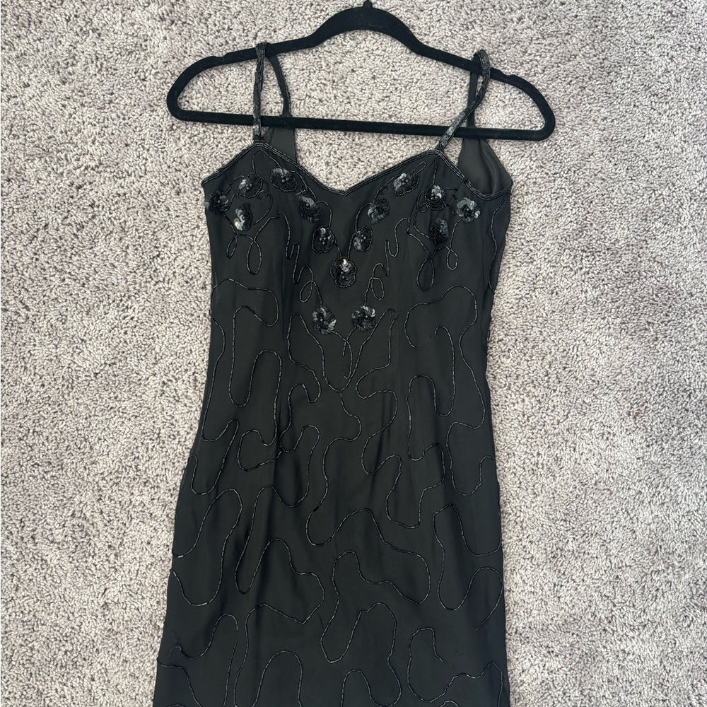 Y2K Cosmopolitan Silk Black Beaded Dress with Floral Embellishments